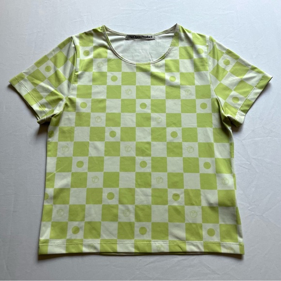 THEOPEN PRODUCT green check dot print boxy cropped crew neck tshirt - Picture 1 of 5